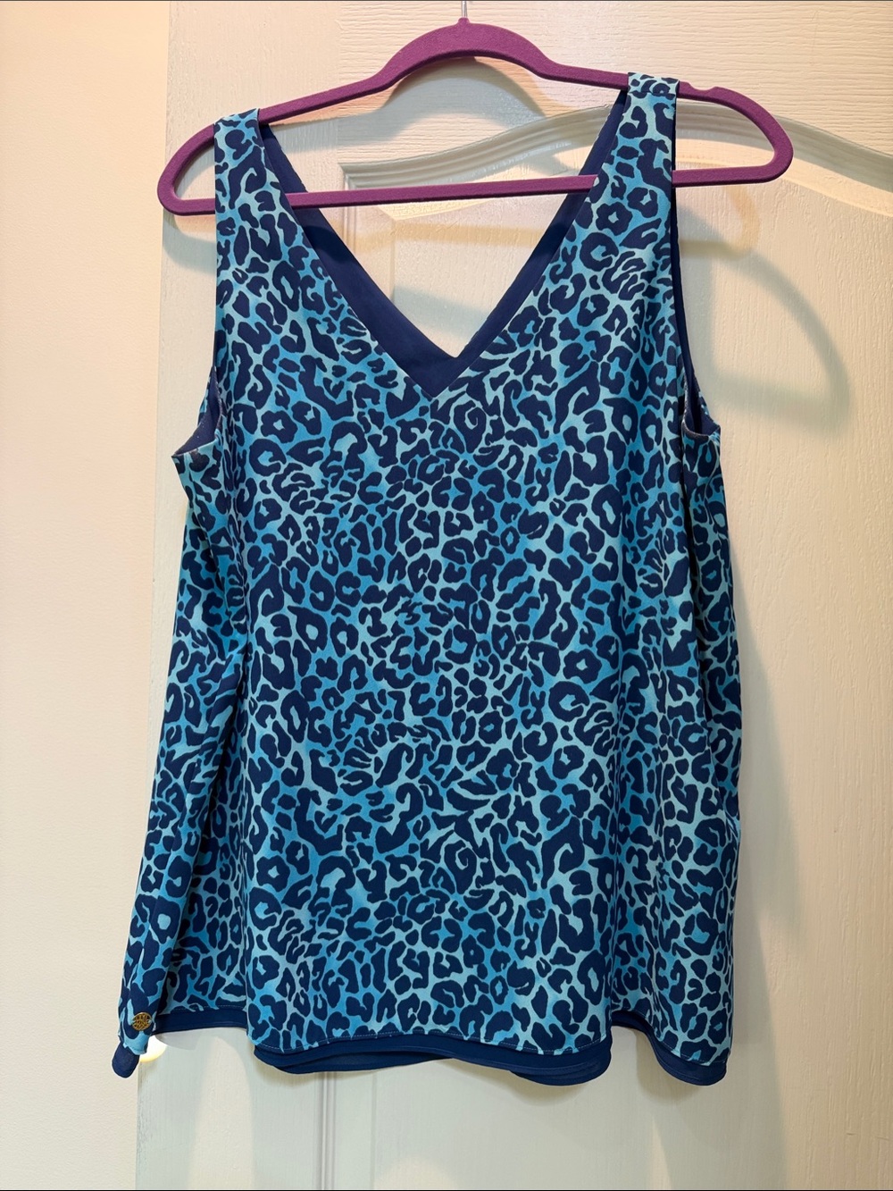 Blue Leopard Print V-Neck Silk Top. Reversible